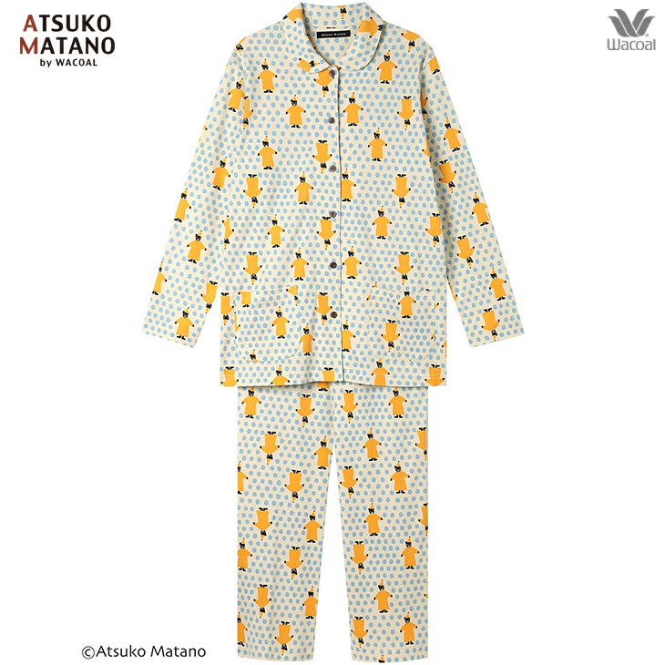 10%OFF マタノアツコ ワコール wacoal パジャマ ルームウェア ナイトウェア 寝間着 部屋着 レディース 長袖 黒猫のモチーフとドット柄 hdx509