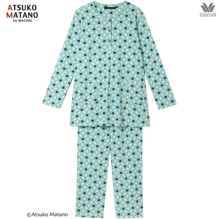 10%OFF マタノアツコ ワコール wacoal パジャマ ルームウェア ナイトウェア 寝間着 部屋着 レディース 長袖 黒猫のモチーフとドット柄 HDX524