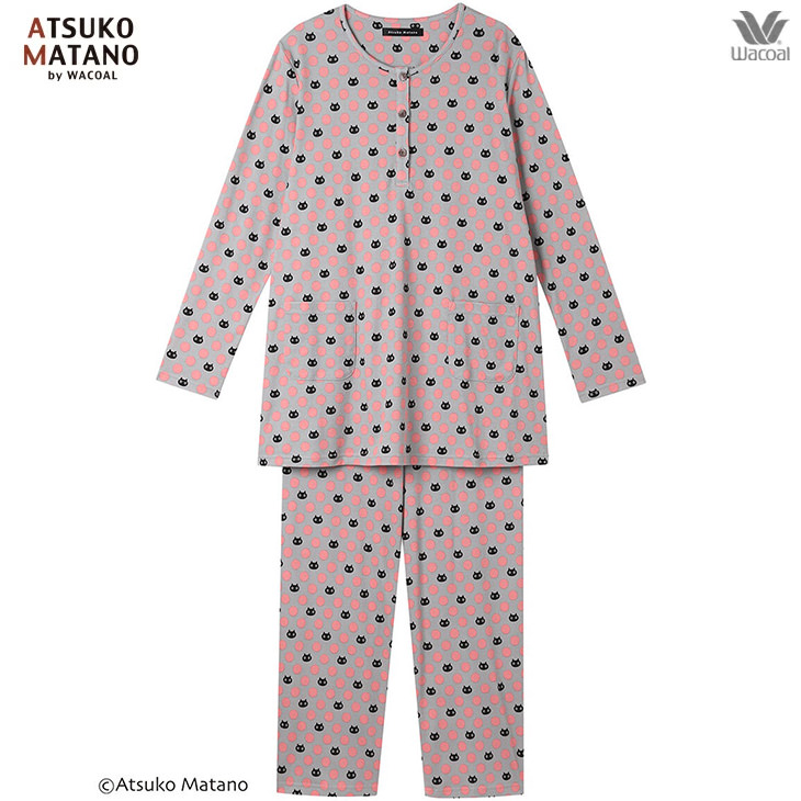 10%OFF マタノアツコ ワコール wacoal パジャマ ルームウェア ナイトウェア 寝間着 部屋着 レディース 長袖 黒猫のモチーフとドット柄 HDX524