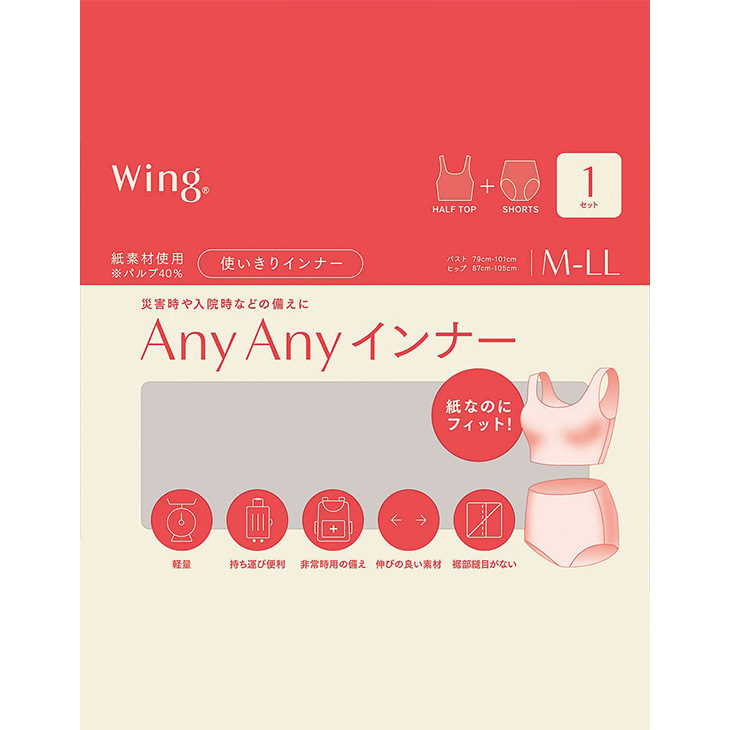 ワコール Wacoal Wing ウイング 使いきりインナー 使い捨て ブラショーツセット ANYANY 1組セット 防災 災害 入院 cw1001